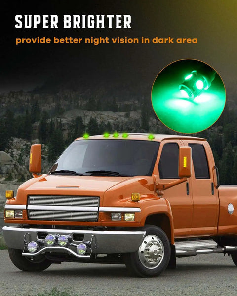 Chevy Silverado 1500 Cab Roof Marker Light Kit With Clear Cover And Wire Pack Plug And Play T10 5050 SMD Green Lights