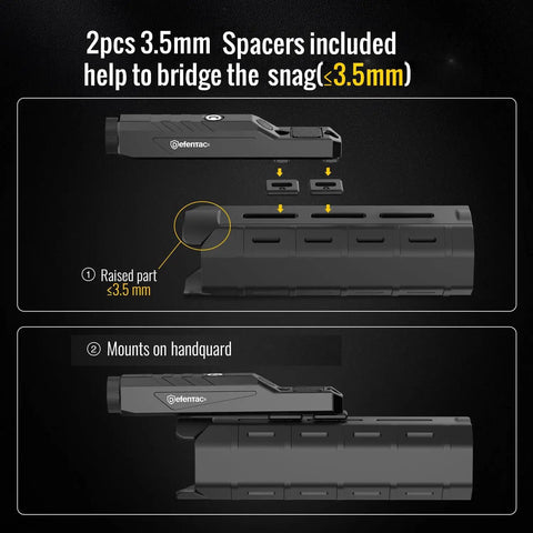 Diagram showing 3.5mm spacers for mounting the Beast 1600 Lumen Tactical Flashlight With Momentary On And Strobe Built In Rechargeable Battery 240 Meter Beam Distance Rugged Night Ops Light With About 75 Minute Run Time on a handguard.