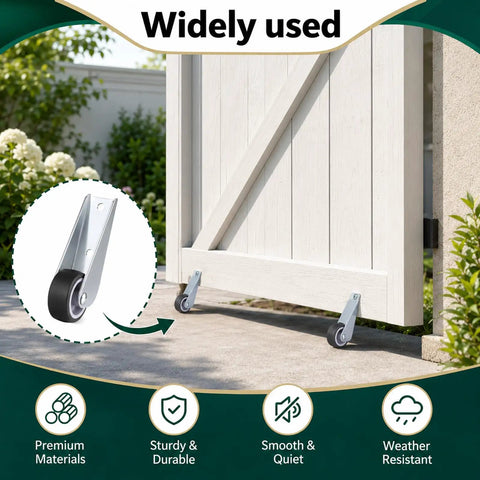 Two Pack Heavy Duty Gate Wheels That Slide Smooth As Butter Using A Door Bottom Pulley Mechanism With Robust Directional Casters For Hassle Free Wooden Gate Adjustments Trusted Diy Fix attached to a garden gate.