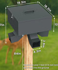 Hella Durable Metal Gravity Deer Feeder With Eighty Pound Capacity And Four Wide Feeding Ports Weather Proof Build, mounted with dimensions shown.