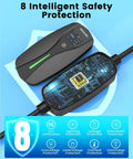 Heavy Duty Level 2 Ev Charger With 24 Amp Adjustable Output For Electric Vehicles showcasing 8 safety features and display.
