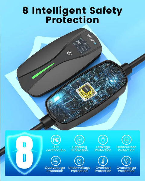 Heavy Duty Level 2 Ev Charger With 24 Amp Adjustable Output For Electric Vehicles showcasing 8 safety features and display.