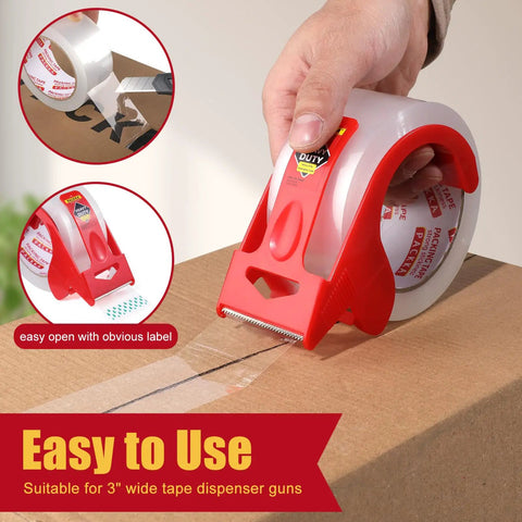 Person using Heavy Duty Packing Tape For Moving Boxes 6 Rolls Clear With Dispenser And Utility Knife 1.89 Inch By 65 Yard Each Roll 390 Yards Total Ideal For Mailing And Moving on cardboard box