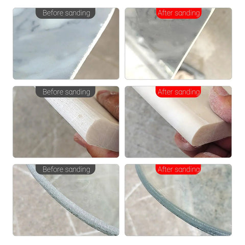 Diamond Hand Polishing Pads Set 60 100 200 400 Grit For Tile Stone Marble Glass Soft Grinding Pads For Edge Trimming Surface Shining Wet Or Dry Use Ideal For DIY And Professional Polishing showing before and after results on edges of materials.