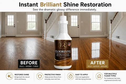 Kick Up The Shine On Any Surface With This Top Shelf Wood Floor Restorer And High Gloss Hardwood Polish For Engineered Versatile Laminate Floors Pack Of Two, showcasing before and after glossy floor transformation.