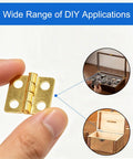 Built Tough 30 Pack Mini Butt Hinges With Screws, 13X12Mm Bright Gold Plated Steel Hardware For Crafting And Decorative Wooden Boxes, Nifty Compact Specs That Work Straight Up held in hand.