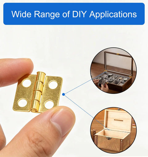 Built Tough 30 Pack Mini Butt Hinges With Screws, 13X12Mm Bright Gold Plated Steel Hardware For Crafting And Decorative Wooden Boxes, Nifty Compact Specs That Work Straight Up held in hand.
