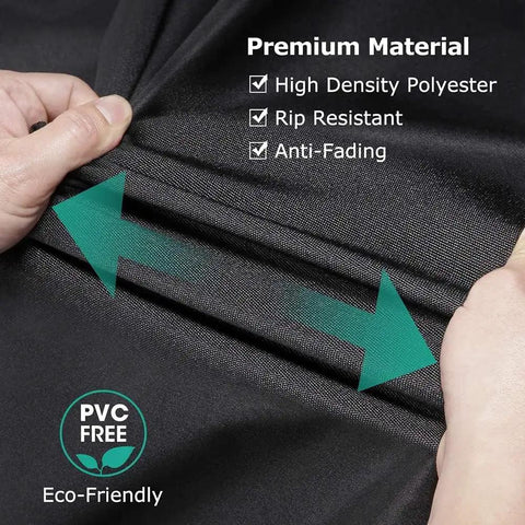 Close-up of premium material used in Waterproof 900D Patio Hanging Chaise Lounge Cover For 73 Inch Outdoor Swing Chair Hammock with hands pulling the fabric showing high density polyester, rip resistance, anti-fading, PVC free and eco-friendly features.