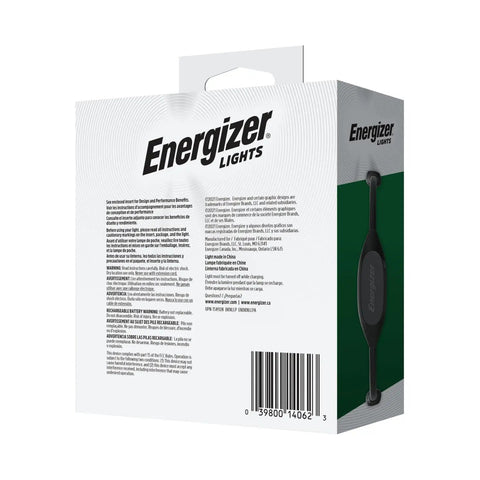 Back of Energizer Lights packaging with product details and barcode for Rechargeable Neck Light With USB Charging, Flexible Hands Free LED Reading Lamp