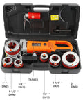 Portable Electric Pipe Threader Kit With Super Workhorse 2000 Watt Motor And Hardened Steel Dies, case open showing tools and dies.