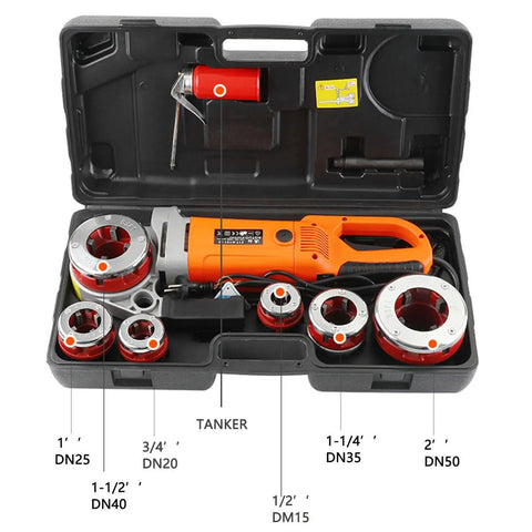 Portable Electric Pipe Threader Kit With Super Workhorse 2000 Watt Motor And Hardened Steel Dies, case open showing tools and dies.