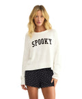 Women's Spooky Sweater In Sandstone, Cozy Knit Crewneck For Halloween And Fall, Soft Knitwear With Subtle Seasonal Vibes, Everyday Comfort, Easy Move, Medium Size, Flattering Fit, Modern Casual Style; front view with spooky print
