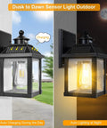 2 Pack Solar Wall Lights Outdoor Motion Sensor Sconce Dusk To Dawn LED Porch Lights Waterproof Wall Mounted Fixtures For Garage Patio Front Door Backyard With 3 Modes Dim To Bright Off To Bright And Energy Efficient, installed view, charging daytime, illuminated nighttime.