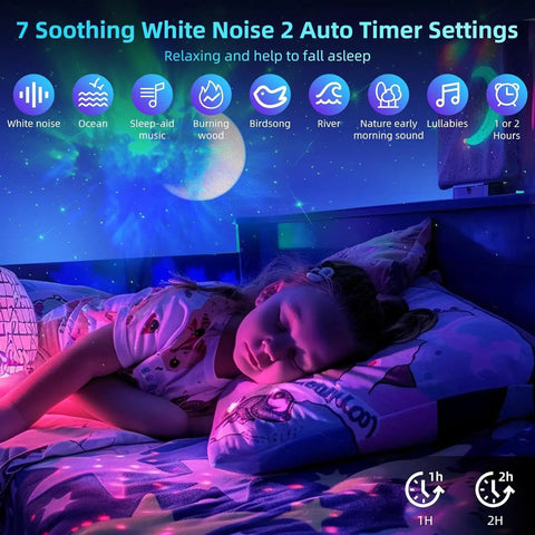 Child sleeping under Astronaut Galaxy Projector lighting effects with soothing noises, Aurora Northern Lights in bedroom