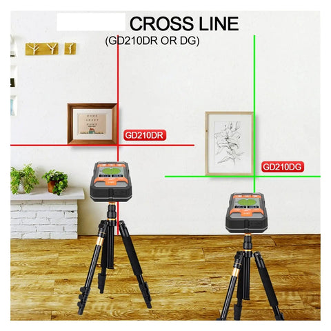 Pro Grade Digital Stud Finder And Wall Scanner Loaded With AC Wire Hunter Pipe Detector And Wood Moisture Meter Big League Accuracy Super Easy Grip Holds Up To Thirty Readings For Your Next Reno Job on tripod showing cross line functionality.