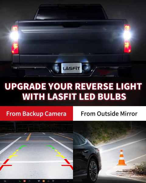 Ultra Bright 921 912 LED Back Up Light Bulbs, 3000Lm Per Set installed on truck, showcasing bright illumination with CANBUS error free feature.