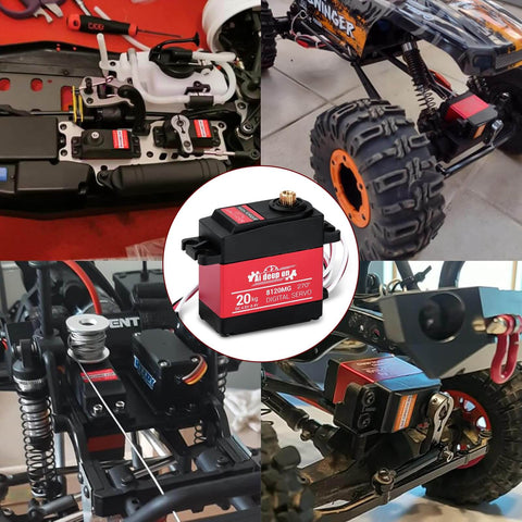 2-Pack 20KG High Torque RC Servo With Full Metal Gear Waterproof Housing installed in RC cars, showcasing precise rotation and durability