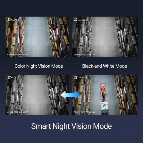 Outdoor WiFi Security Camera With 1080P Color Night Vision And Smart Spotlight IP67 Weatherproof showing night vision modes