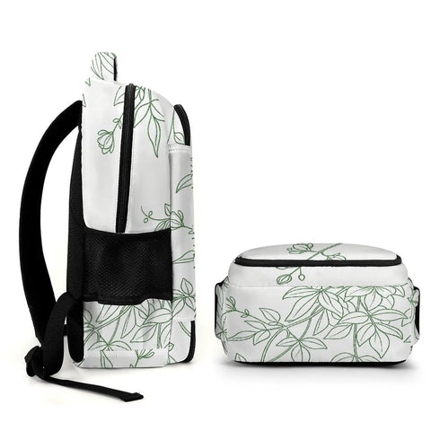 Green Line Floral Vine Printed Unisex Backpack With Large Capacity Durable Polyester Breathable Mesh Back Easy Zip Convenience