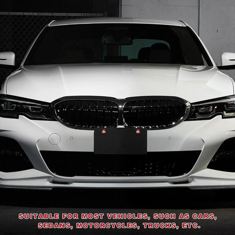 Front view of a white car displaying Fresh Red M6 Aluminum Motorcycle License Plate Bolts For Cars Trucks, Anti Theft Decorative Tag Screws, Slick Rad Frustum Mounts, Badass Ride Upgrade Kit, Set Of Four.
