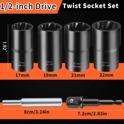 Six Piece Twist Socket Set For Stripped Lug Nuts And Damaged Bolts, Wheel Lock Remover Kit with 17mm, 19mm, 21mm, 22mm Sockets