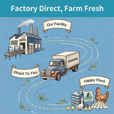 Factory illustration with a facility, truck, and chickens labeled 'Factory Direct, Farm Fresh', delivering eggs and poultry feed.