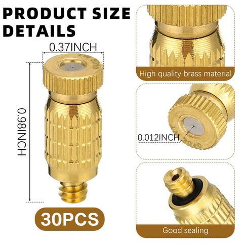 30 Pack Brass Misting Nozzles 0.020 Inch Hole 0.5 Mm 10-24 UNC Thread High Pressure Anti Drip Sprayer Heads For Outdoor Cooling Systems