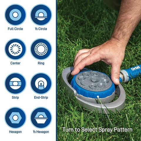 Hand adjusting Metal 8 Pattern Turret Sprinkler with Adjustable Spray and Weighted Base for Stable Watering on grass