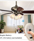 35T Ceiling Fan Remote Control Replacement Remote 3039MHz with five buttons shown in hand, fan in living room