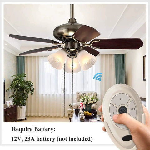 35T Ceiling Fan Remote Control Replacement Remote 3039MHz with five buttons shown in hand, fan in living room