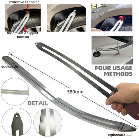 580mm paintless car dent repair tools kit with large slide puller, dent rods crowbar showcasing four usage methods