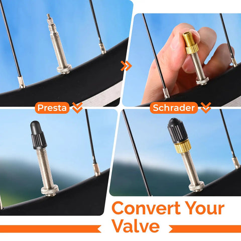 Image showing a Brass Presta Valve Adapters Kit 4 Pack With 8 Caps Converts Presta To Schrader For Easy Inflation With Standard Pumps