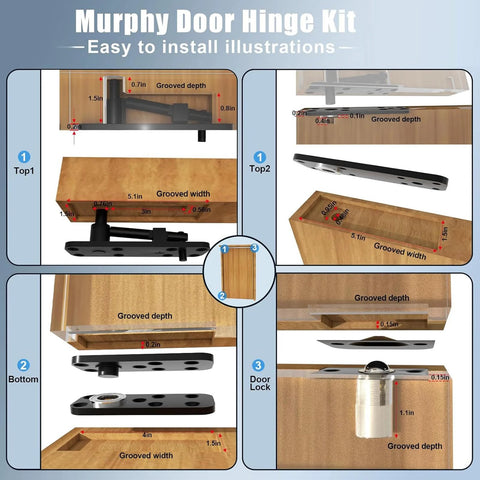 360 degree quiet pin hinges installation guide for Murphy door hinge kit, showing easy assembly steps for concealed cabinets.