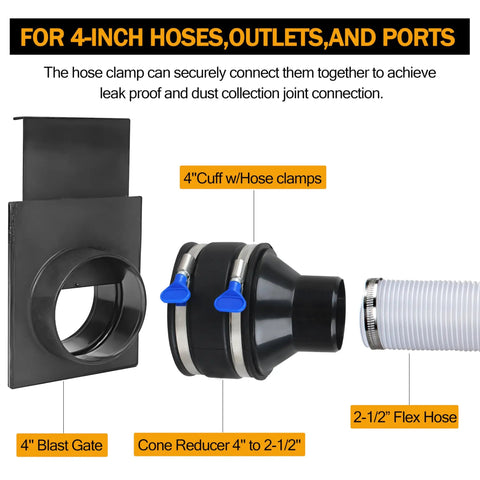 4 Inch To Two And A Half Inch Dust Collection Hose Reducer With Flexible 4 Inch Cuff And Dust Control, Stainless Steel Clamps