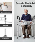 Rock Solid Toilet Safety Rails For Seniors With Dang Good Grip Handles And No Sweat Setup Bathroom Assist Frame showing a senior man using the stable assistive toilet structure.