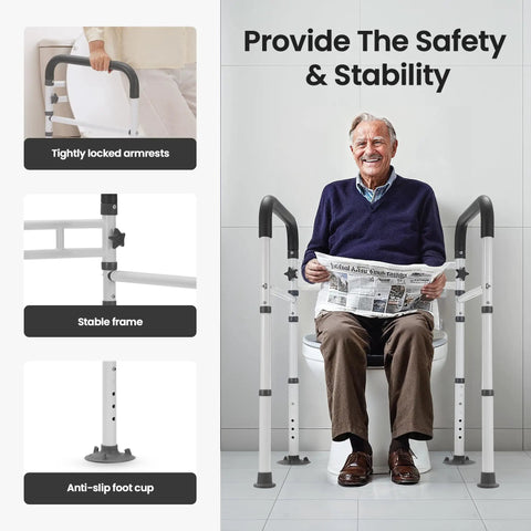 Rock Solid Toilet Safety Rails For Seniors With Dang Good Grip Handles And No Sweat Setup Bathroom Assist Frame showing a senior man using the stable assistive toilet structure.