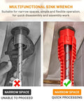 Comparison showing use of the 14 In 1 Tap Spanner Tool for Faucet Installation And Plumbing Repair, illustrating its effectiveness in narrow spaces.