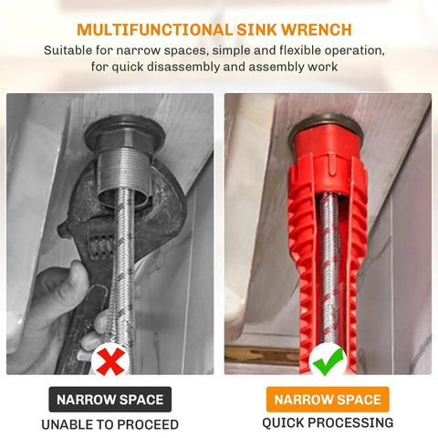 Comparison showing use of the 14 In 1 Tap Spanner Tool for Faucet Installation And Plumbing Repair, illustrating its effectiveness in narrow spaces.