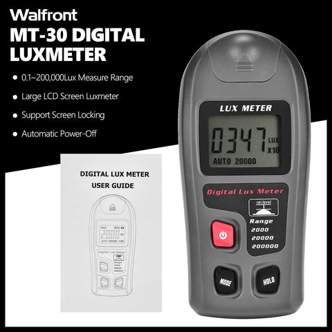 Digital Lux Meter For Indoor Outdoor Lighting Ultra Portable Illuminance Meter With Range 0.1 To 200000 Lux Large LCD Display High Precision 4 Percent Fast Sampling Easy Readouts For Photography Plant Growth And Job Sites, front view with user guide