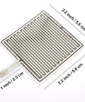 FSR502 pressure sensor pad, front view, 2.2in square, two-pin connector, serpentine carbon traces