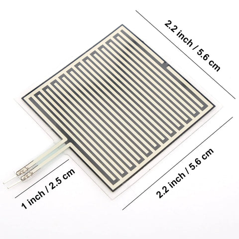 FSR502 pressure sensor pad, front view, 2.2in square, two-pin connector, serpentine carbon traces