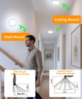 Motion Sensor LED Ceiling Light 120V 10W 5000K Daylight installed in hallway, demonstrating wall and ceiling mount detection range