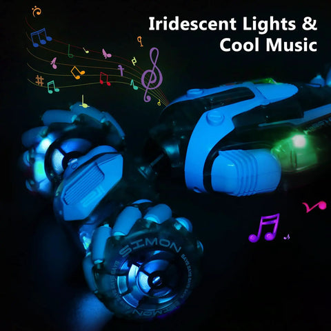 Sensing RC Stunt Car for Kids showing iridescent lights and music symbols with 2.4GHz Hand Remote, Gravity Sensing Watch Control.