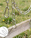 Heavy Duty Stainless Steel Chain Gate Latch With Double Carabiner Hooks For Pet Cages And Dog Fences, showing chain link and hooks close-up.