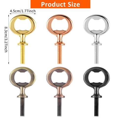 12-piece metal bottle opener inserts with threaded bolts in gold, rose gold, silver, brass, copper, and black finishes.