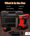 Gutsy Heavy Duty Cordless Nail And Staple Gun, Makita 21V Battery Compatible, included with toolbox, 2 batteries, power adapter, manual.
