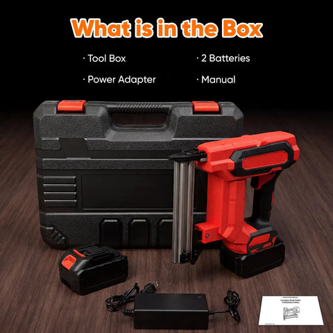 Gutsy Heavy Duty Cordless Nail And Staple Gun, Makita 21V Battery Compatible, included with toolbox, 2 batteries, power adapter, manual.