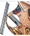 Heavy Duty Side Mounted Ball Bearing Drawer Slides Two Pack Full Extension Cabinet Hardware on a workspace with tools.