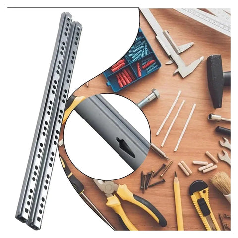 Heavy Duty Side Mounted Ball Bearing Drawer Slides Two Pack Full Extension Cabinet Hardware on a workspace with tools.