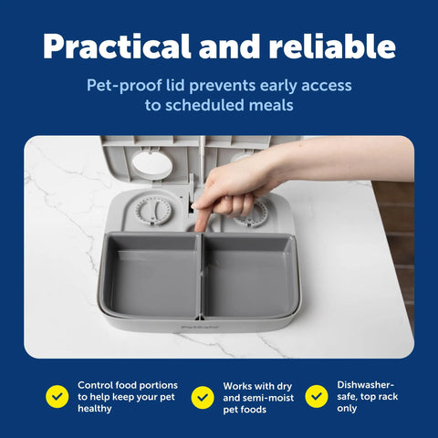 Smooth Operator Two Meal Automatic Pet Feeder With Dial Timer For Dogs And Cats features a pet-proof lid and two compartments.